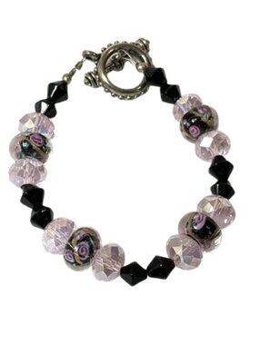 Pink, lavender and black lampwork and crystal bracelet.